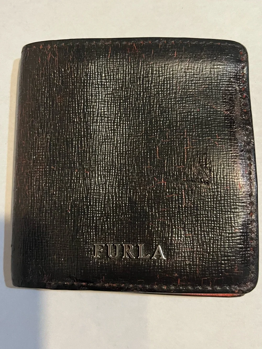 Furla Leather Bifold Wallet in Dark Brown with Red Accents
